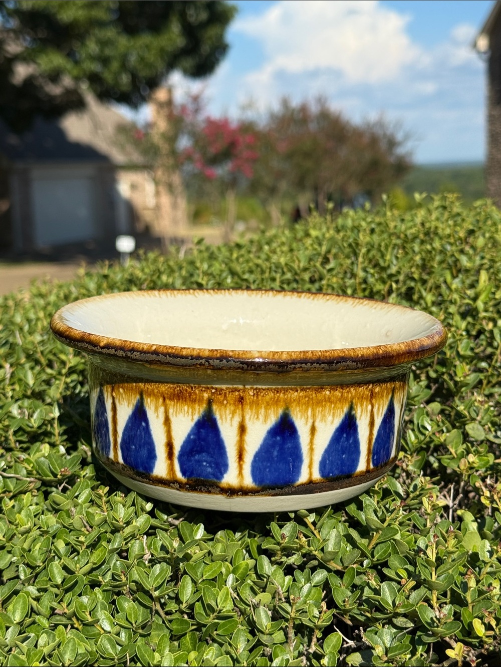 1970s Blue & Brown Drip Glaze Stoneware Bowl • Handcrafted Studio Pottery